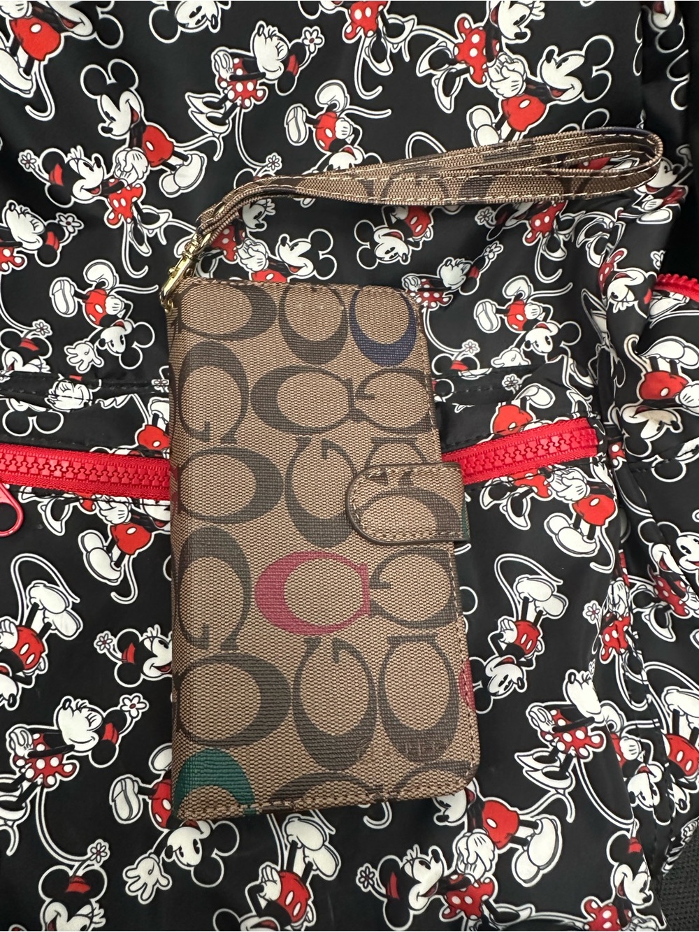 Coach Brown Signature Wristlet Wallet with Red and Green Accents